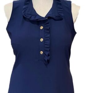 Katherine Way5 Gold Button Ruffled Mock Neck Sleeveless Navy Dress